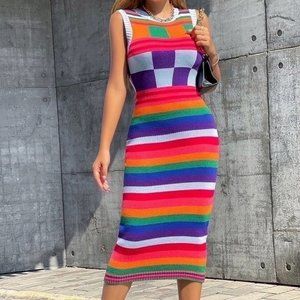 Women Knit Pencil Midi Dress Medium Striped  Multicolored Rainbow Stretch
